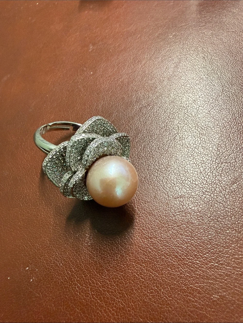 Silver Floral Pearl Statement Ring - Pink Pearl